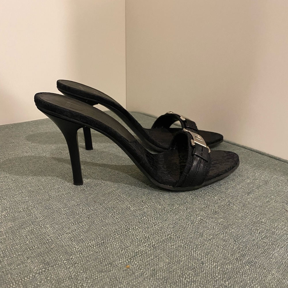 Dior Black Logo Slide Heeled Sandals with Silver Plaque - Picture 3 of 10